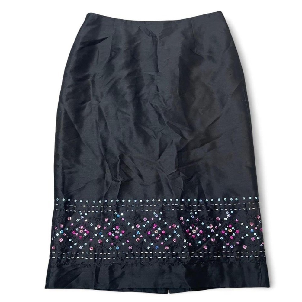 Black 100% silk Ann Taylor midi skirt with colorful beaded/sequin trim